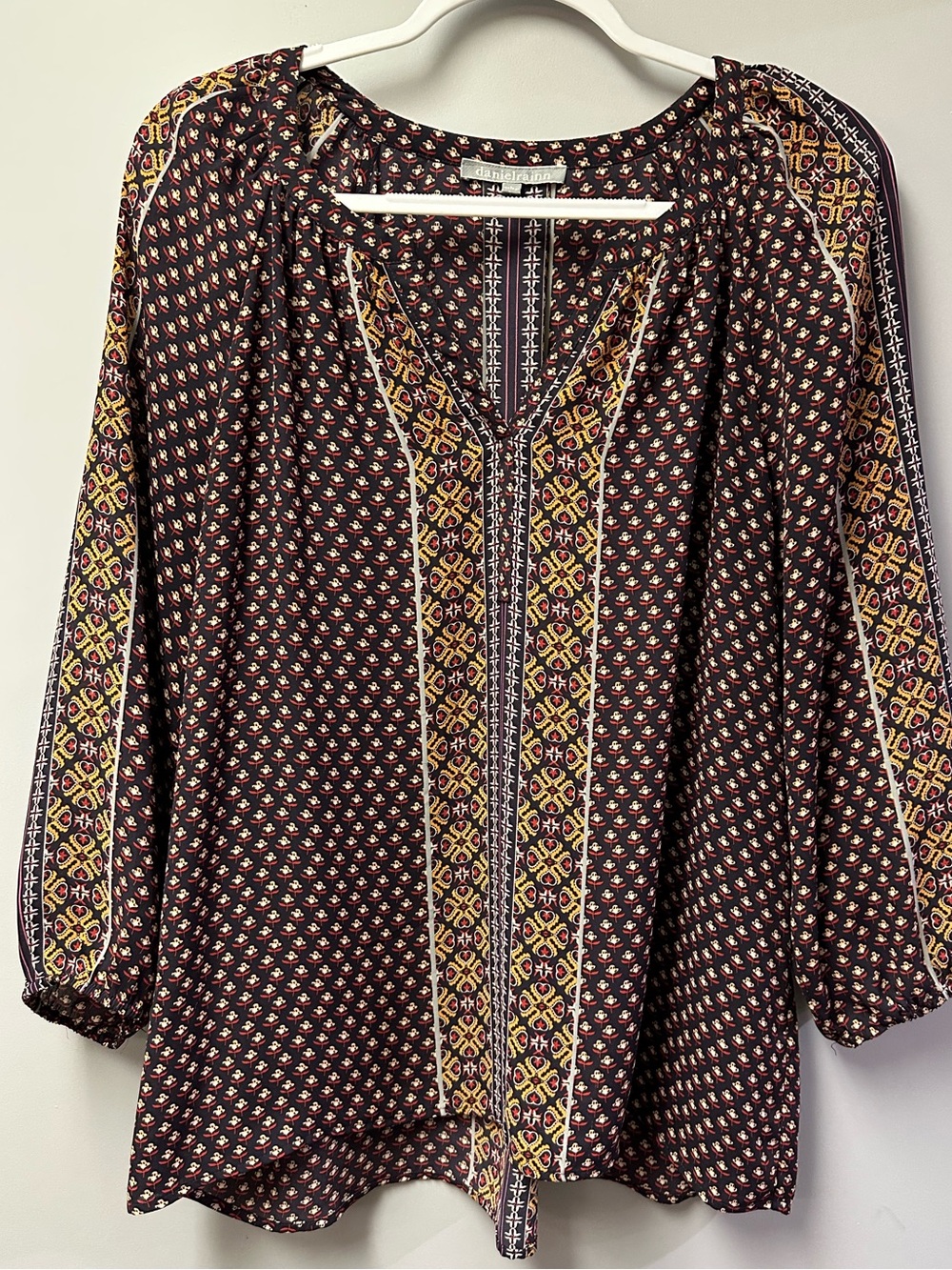 Large Daniel Rainn Burgundy Printed
Peasant Blouse with Mustard Trim